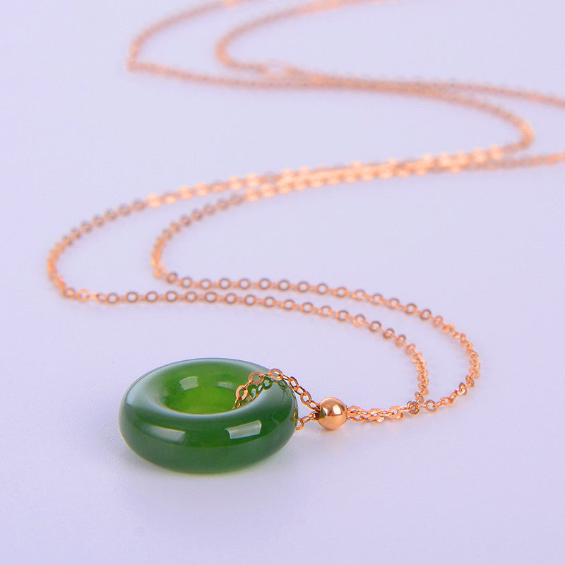 Buddha Stones Round Cyan Jade Healing 14K Gold Necklace Pendant Necklaces & Pendants BS 8