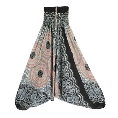 Buddha Stones Two Style Wear Round Geometric Pattern Loose Smocked Harem Trousers Jumpsuit High Waist Women's Yoga Pants Harem Pants&Bodysuit BS Beige White Black(Waist 60-100cm)