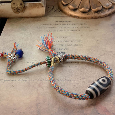 Buddha Stones Tibetan 925 Sterling Silver Om Mani Padme Hum Handmade Dzi Bead Protection Braid Bracelet Bracelet BS Blue