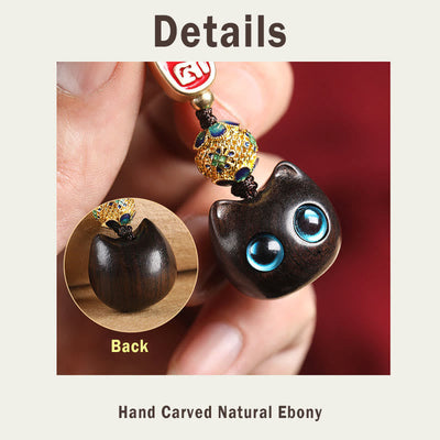 Buddha Stones Ebony Wood Lucky Cat Auspicious Cloud Peace Key Chain Phone Hanging Decoration Key Chain BS 11
