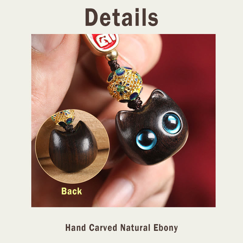 Buddha Stones Ebony Wood Lucky Cat Auspicious Cloud Peace Key Chain Phone Hanging Decoration Key Chain BS 11