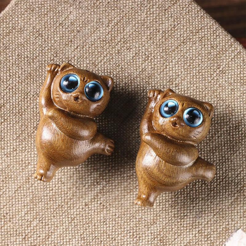 Buddha Stones Mini Green Sandalwood Dancing Cat Engraved Positive Desk Decorations Decorations BS 3