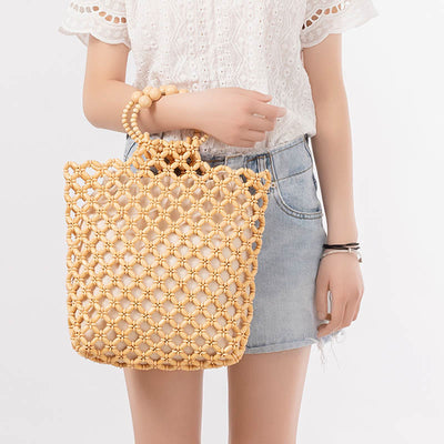 Buddha Stones Hand-woven Fishing Line Braiding Mesh Hollow Wooden Beads Handbag Handbags BS 5