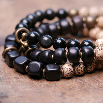 Buddha Stones Tibetan Bodhi Seed Black Obsidian Ebony Wood Copper Peace Bracelet Bracelet BS 11