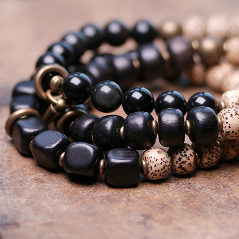 Buddha Stones Tibetan Bodhi Seed Black Obsidian Ebony Wood Copper Peace Bracelet Bracelet BS 11