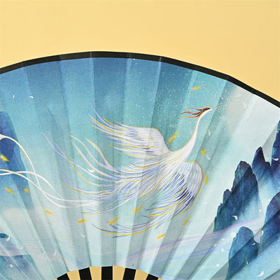 Buddha Stones Vintage Phoenix Nine-Tailed Fox Flower Bamboo Tiger Handheld Folding Fan Lotus Tassel Fan Folding Fan BS 1