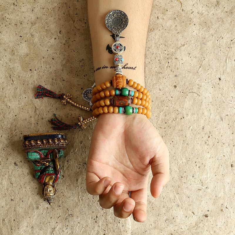 Buddha Stones Tibet 108 Mala Beads Bodhi Seed Bagua Vajra Wealth Bracelet Mala Bracelet BS 5