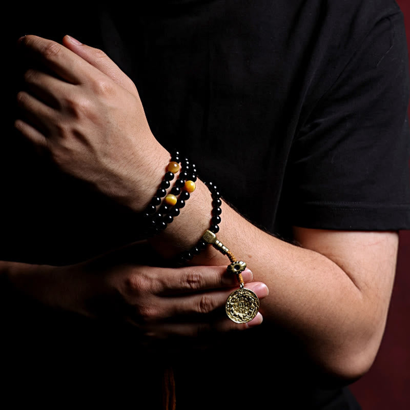 Buddha Stones Tibetan 108 Mala Beads Black Onyx Tiger Eye Beads Nine Palaces Bagua Protection Bracelet Mala Bracelet BS 9