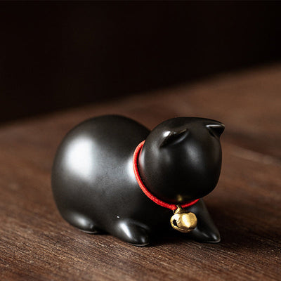 Buddha Stones Mini Small Cute Cat Tea Pet Ceramic Home Desk Figurine Decoration Decorations BS Sitting Cat 5*3*3cm Black
