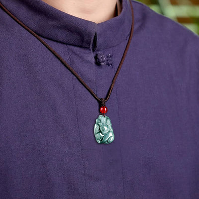 Buddha Stones Natural Green Jade Nine-Tailed Fox Engraved Prosperity Necklace Pendant Necklaces & Pendants BS 8