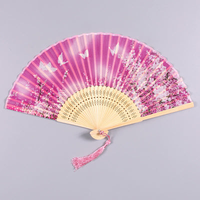 Buddha Stones Butterfly Flowers Handheld Silk Bamboo Folding Fan