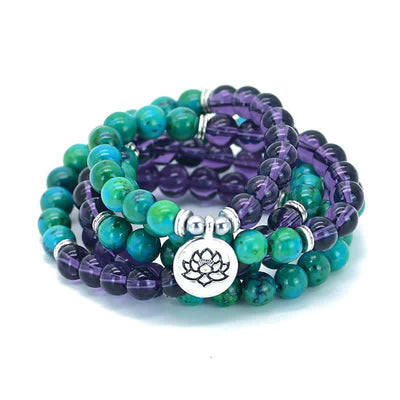 Buddha Stones Amethyst Green Aventurine Spiritual Lotus Charm Bracelet Mala Bracelet BS 3