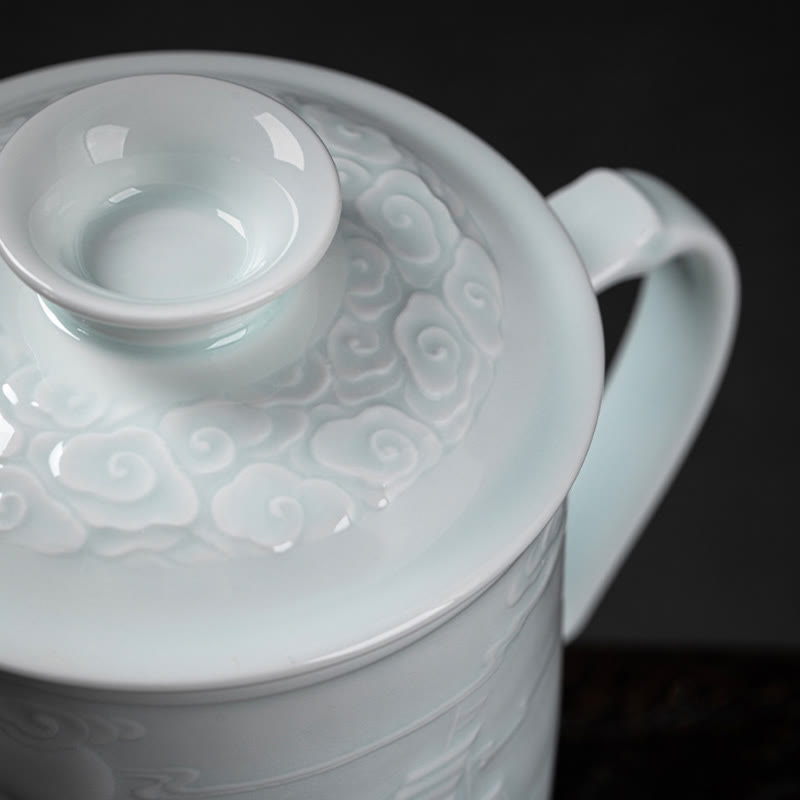 Buddha Stones Jingdezhen Linglong Porcelain Auspicious Dragon Phoenix Boat Smooth Sailing Ceramic Teacup Office Tea Cups 420ml Cup BS 11