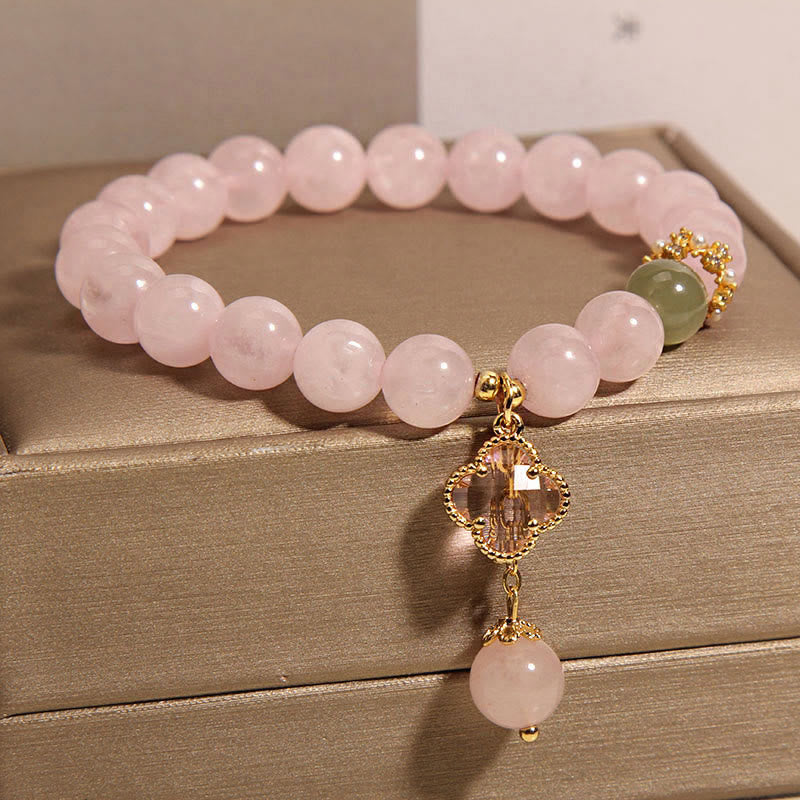 Buddha Stones Natural Pink Crystal Four Leaf Clover Soothing Bracelet Bracelet BS 2