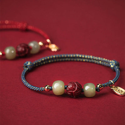 Buddha Stones 14K Gold Plated Hetian Jade Cinnabar Lotus Luck Handcrafted Rope Bracelet Bracelet BS 8