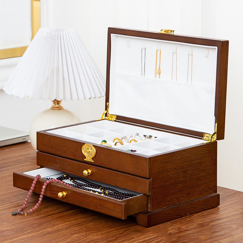Buddha Stones Retro Wooden Jewelry Box Three-Layer Jewelry Storage Box Jewelry Box BS 3