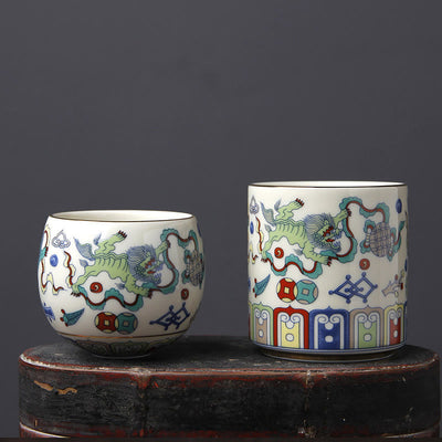 Buddha Stones Vintage Plum Blossom Pine Bamboo Phoenix Kirin Lion Dancing Ceramic Teacup Tea Cups Cup BS 13