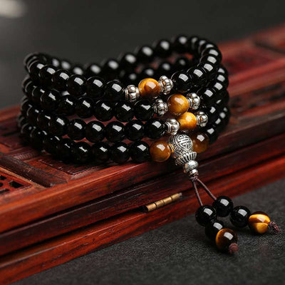 Buddha Stones Black Obsidian Tiger Eye Blessing Mala Bracelet Mala Bracelet BS Black Obsidian 6mm*120(Men)