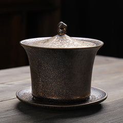 Buddha Stones Retro Rust Glaze Ceramic Gaiwan Sancai Teacup Kung Fu Tea Cup And Saucer With Lid Cup BS 11.2*10.2cm*230ml