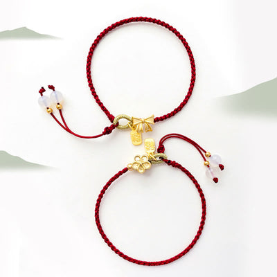 Buddha Stones Handmade Peach Blossom Rosette Bow Knot Fu Character Charm Luck Fortune Red Rope Bracelet Bracelet BS 10