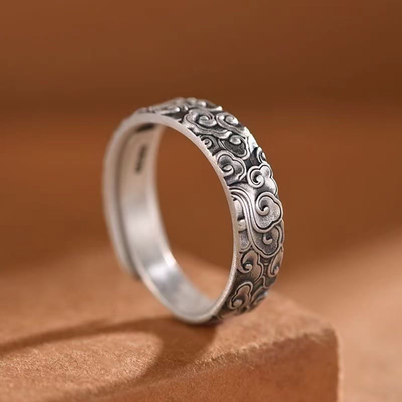 Buddha Stones Vintage Auspicious Clouds Pattern Luck Ring Ring BS Auspicious Clouds(Size Adjustable)