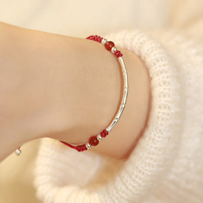 Buddha Stones 925 Sterling Silver Bamboo White Agate Red Agate Bead Protection String Braided Bracelet Bracelet BS Red Agate(Wrist Circumference 14-17cm)