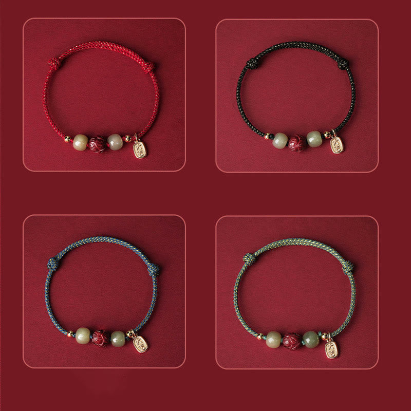 Buddha Stones 14K Gold Plated Hetian Jade Cinnabar Lotus Luck Handcrafted Rope Bracelet Bracelet BS 14