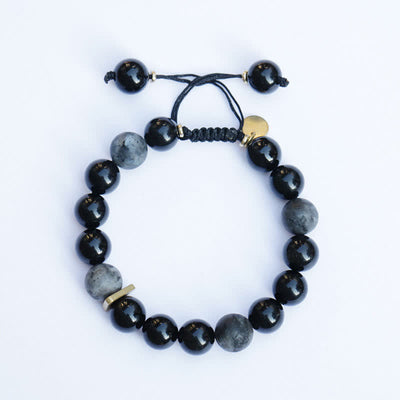Buddha Stones Black Obsidian Black Glitter Stone Purification Bracelet Bracelet BS Round Beads 17-21cm