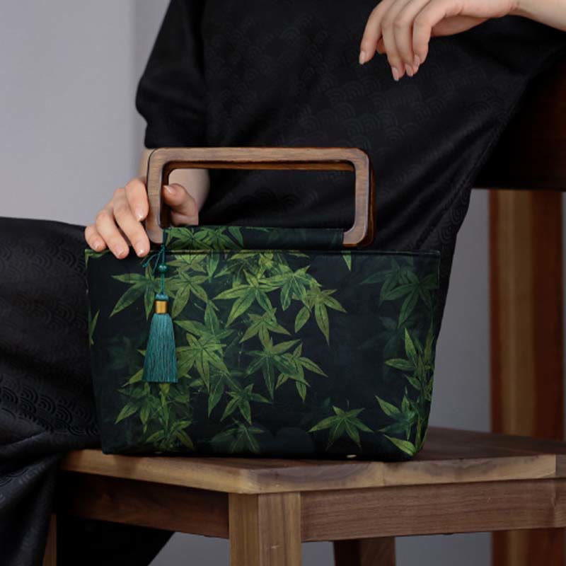 Buddha Stones Vintage Brown Flowers Green Bamboo Leaves Wood Handles Zipper Handbag Handbags BS 15