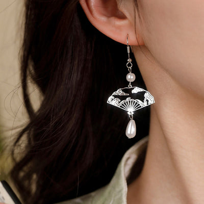 Buddha Stones Copper Fan Auspicious Clouds Pearl Healing Drop Earrings 9