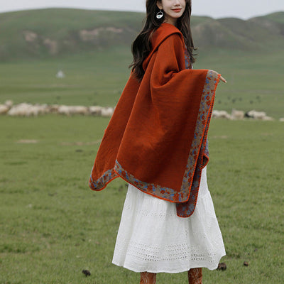 Buddha Stones Tibetan Shawl Border Small Floral Flower Hooded Cloak Winter Cozy Travel Scarf Wrap Tibetan Shawl BS 8