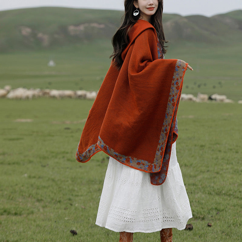 Buddha Stones Tibetan Shawl Border Small Floral Flower Hooded Cloak Winter Cozy Travel Scarf Wrap Tibetan Shawl BS 8