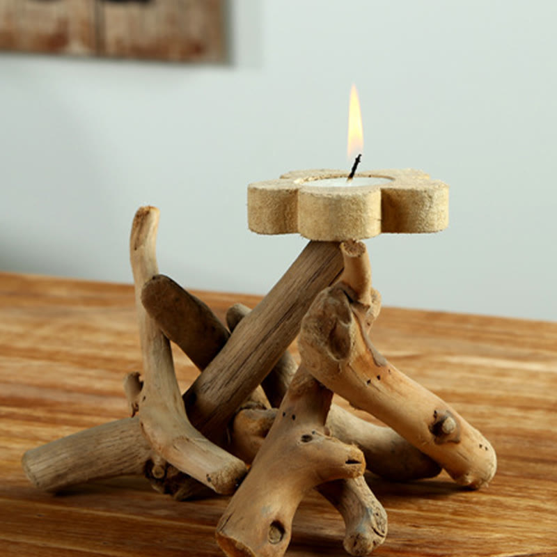 Buddha Stones Flower Pattern Wood Candlestick Home Candle Holder Decoration Candle Holder BS 2
