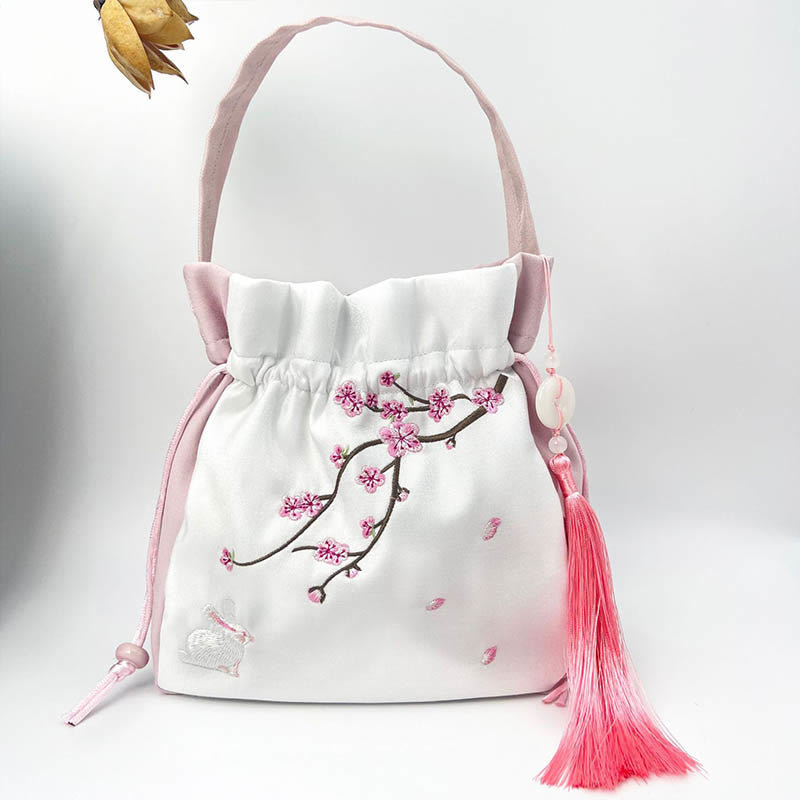 Buddha Stones Embroidered Osmanthus Peony Grape Cat Cotton Linen Tote Crossbody Bag Shoulder Bag Handbag Crossbody Bag BS Light Pink Plum Rabbit 20*20*7cm