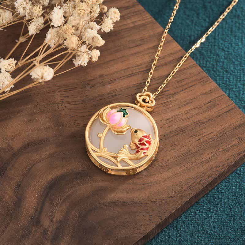 Buddha Stones White Jade Koi Fish Lotus Blessing Necklace Pendant Necklaces & Pendants BS 2