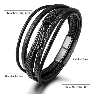 Buddha Stones Feather Pattern Multilayer Leather Titanium Steel Calm Braided Magnetic Buckle Bracelet Bracelet BS 10