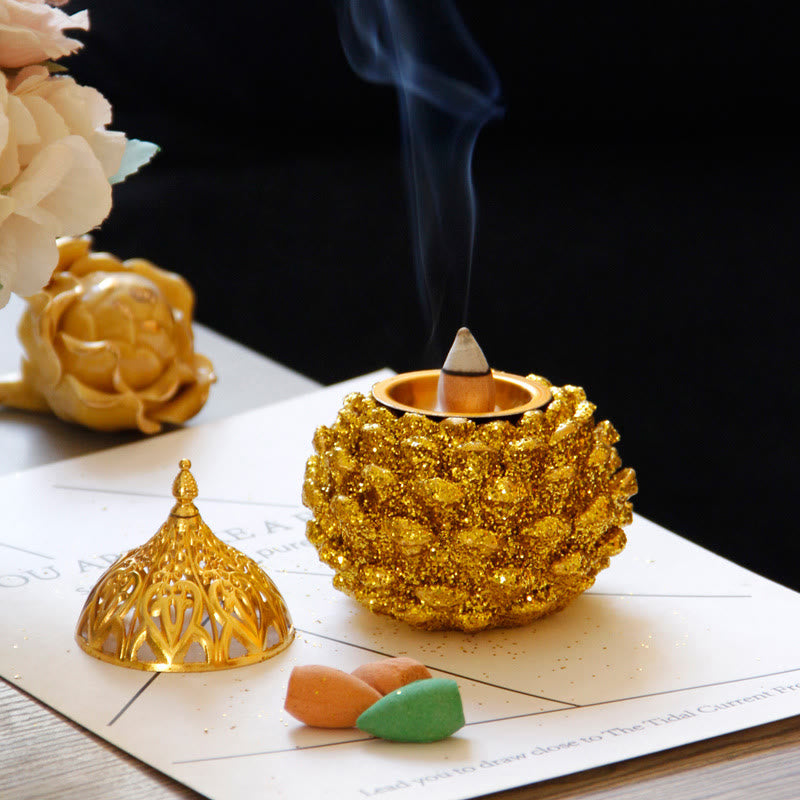 Buddha Stones Gold Pine Cone Pattern Spiritual Rituals Mini Incense Burner Home Tabletop Decor Incense Burner BS 15
