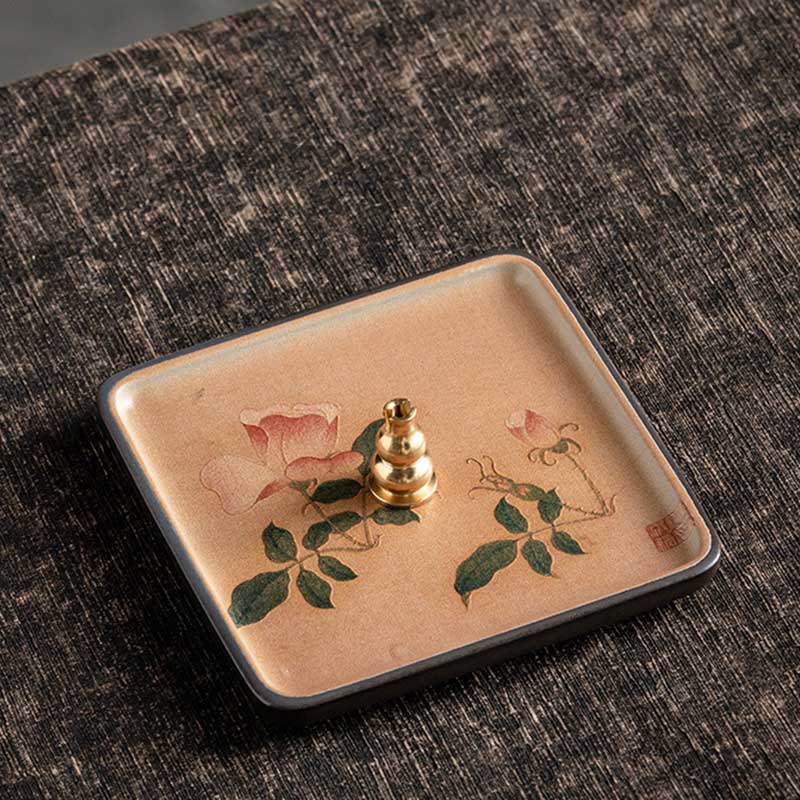 Buddha Stones Mountain Lake Flower Leaf Healing Ceramic Plate Tray Stick Incense Burner Decoration Incense Burner BS Pink Flower 10.2*10.2*1.2cm