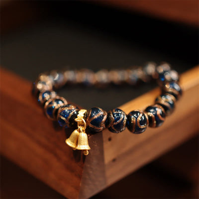 Buddha Stones Tibetan Gold Swallowing Beast Family Five God Of Wealth Thangka Fortune Bead Bracelet Bracelet BS Blue Double Bells