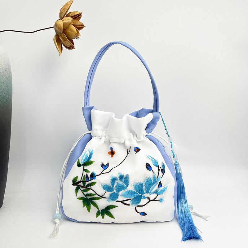 Buddha Stones Suzhou Embroidery Rabbit Lotus Epiphyllum Peony Magnolia Silk Tote Crossbody Bag Shoulder Bag Handbag Crossbody Bag BS Blue White Magnolia 20*20*7cm