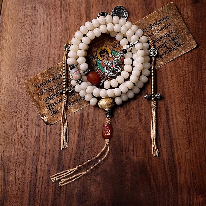 Buddha Stones Tibet 108 Mala Beads Bodhi Seed Bagua Vajra Dzi Bead Gray Agate Wealth Bracelet Mala Bracelet BS Bodhi Seed&Gray Agate 11mm