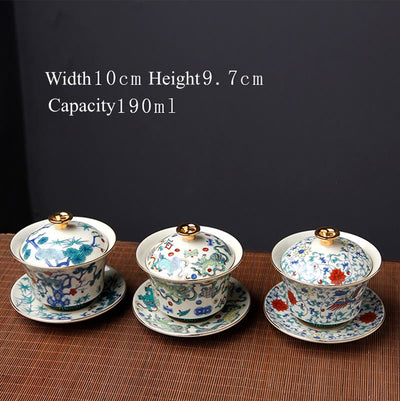 Buddha Stones Retro Plum Blossom Pine Bamboo Phoenix Kirin Ceramic Gaiwan Sancai Teacup Kung Fu Tea Cup and Saucer with Lid Cup BS 15