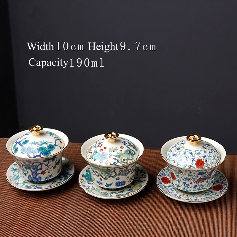 Buddha Stones Retro Plum Blossom Pine Bamboo Phoenix Kirin Ceramic Gaiwan Sancai Teacup Kung Fu Tea Cup and Saucer with Lid Cup BS 15
