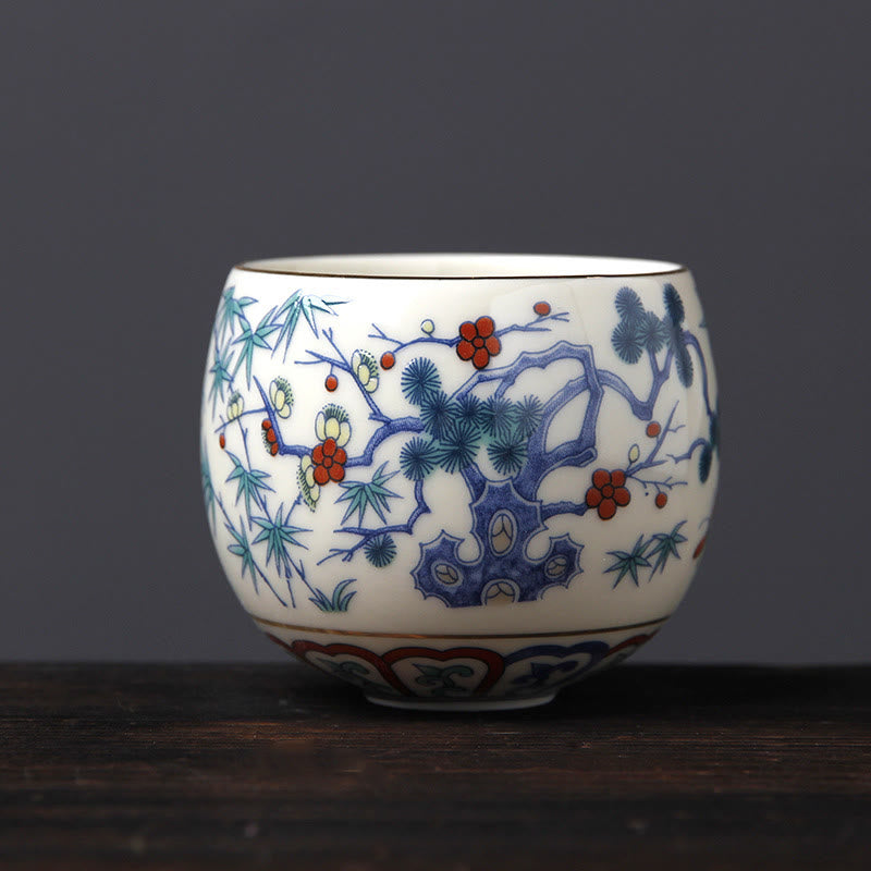 Buddha Stones Vintage Plum Blossom Pine Bamboo Phoenix Kirin Lion Dancing Ceramic Teacup Tea Cups Cup BS Plum Blossom Pine Bamboo(5.8cm*5.5cm*95ml)
