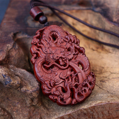 Buddha Stones Lightning Struck Jujube Wood Double Dragon Relief Ward Off Evil Spirits Necklace Pendant 4