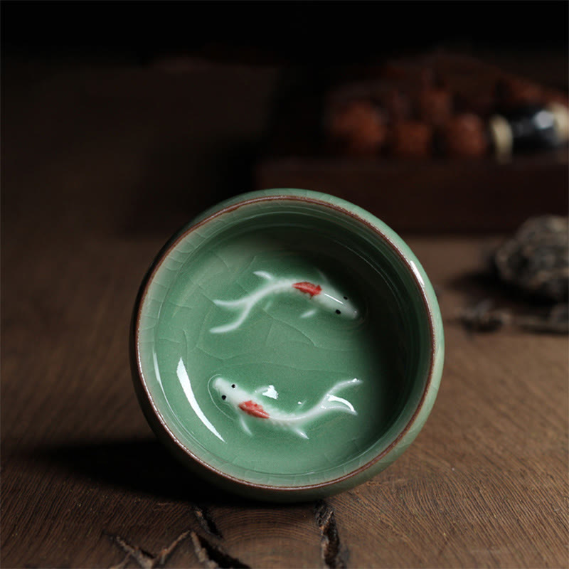 Buddha Stones Colorful Koi Fish Ceramic Teacup Kung Fu Tea Cup Bowl Cup BS Dark Green Koi Fish 6.8cm*3.4cm*55ml