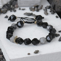 Buddha Stones Black Obsidian Black Glitter Stone Purification Bracelet Bracelet BS Prismatic Beads 14-17cm
