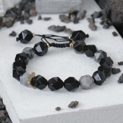 Buddha Stones Black Obsidian Black Glitter Stone Purification Bracelet Bracelet BS Prismatic Beads 14-17cm