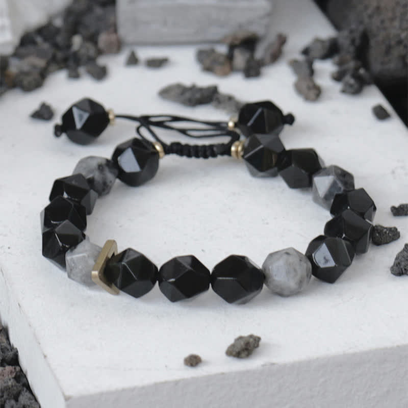 Buddha Stones Black Obsidian Black Glitter Stone Purification Bracelet Bracelet BS Prismatic Beads 14-17cm