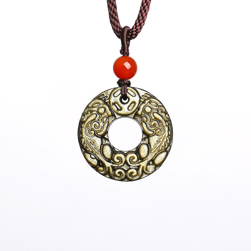 Buddha Stones Gold Sheen Obsidian Peace Buckle Pixiu Copper Coin Wealth Necklace Pendant Necklaces & Pendants BS 5